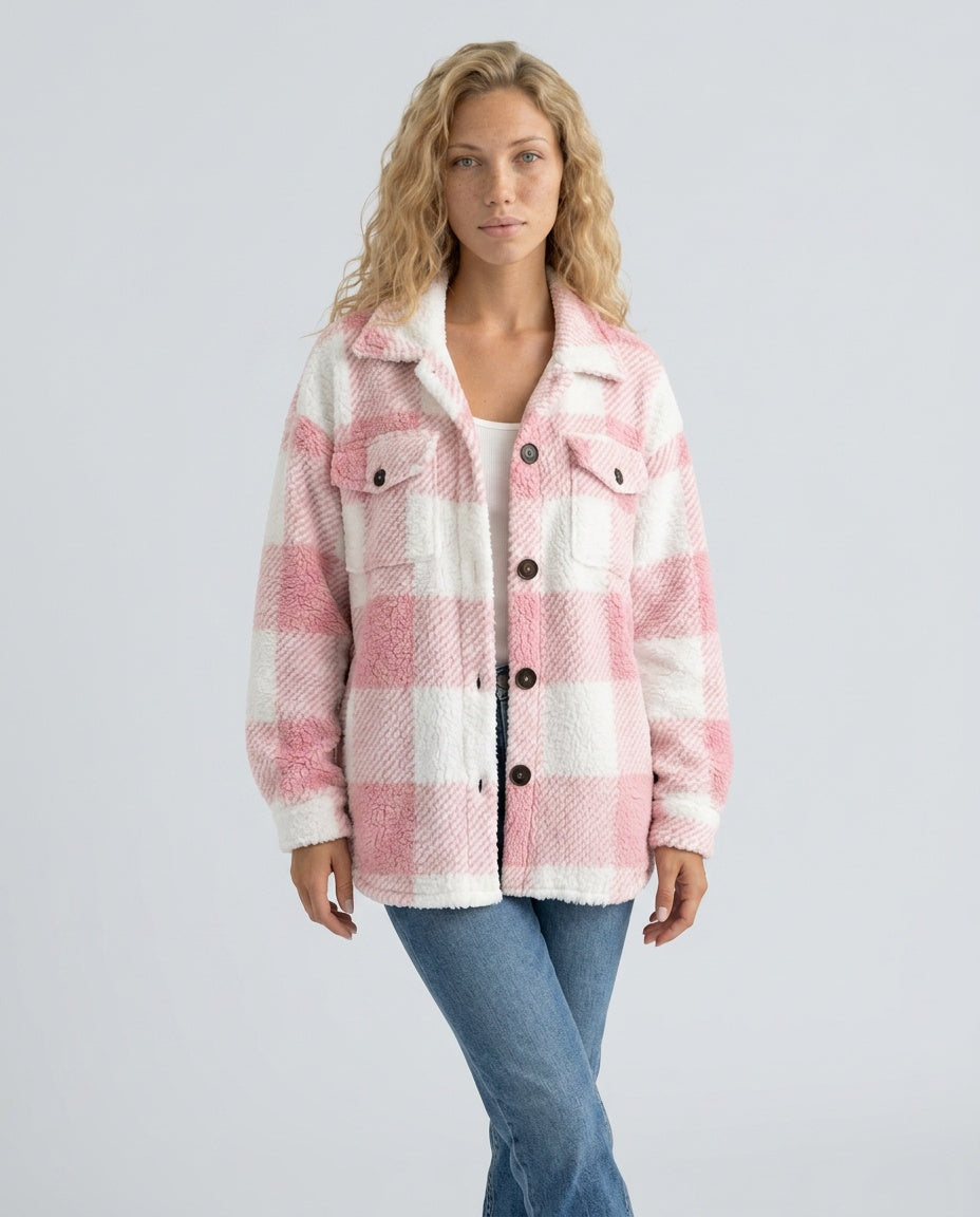 Piper Check Print Sherpa Jacket with Button Front in Pink