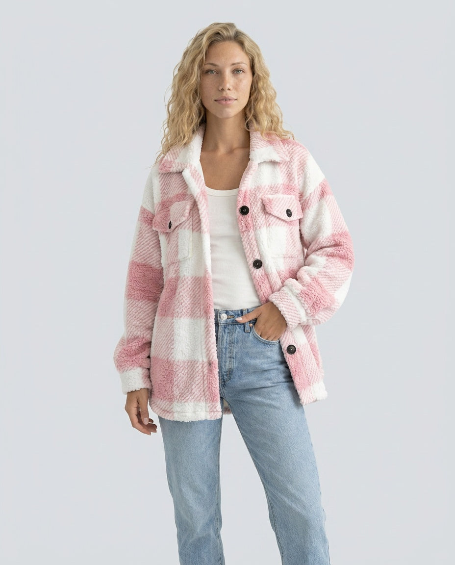 Piper Check Print Sherpa Jacket with Button Front in Pink