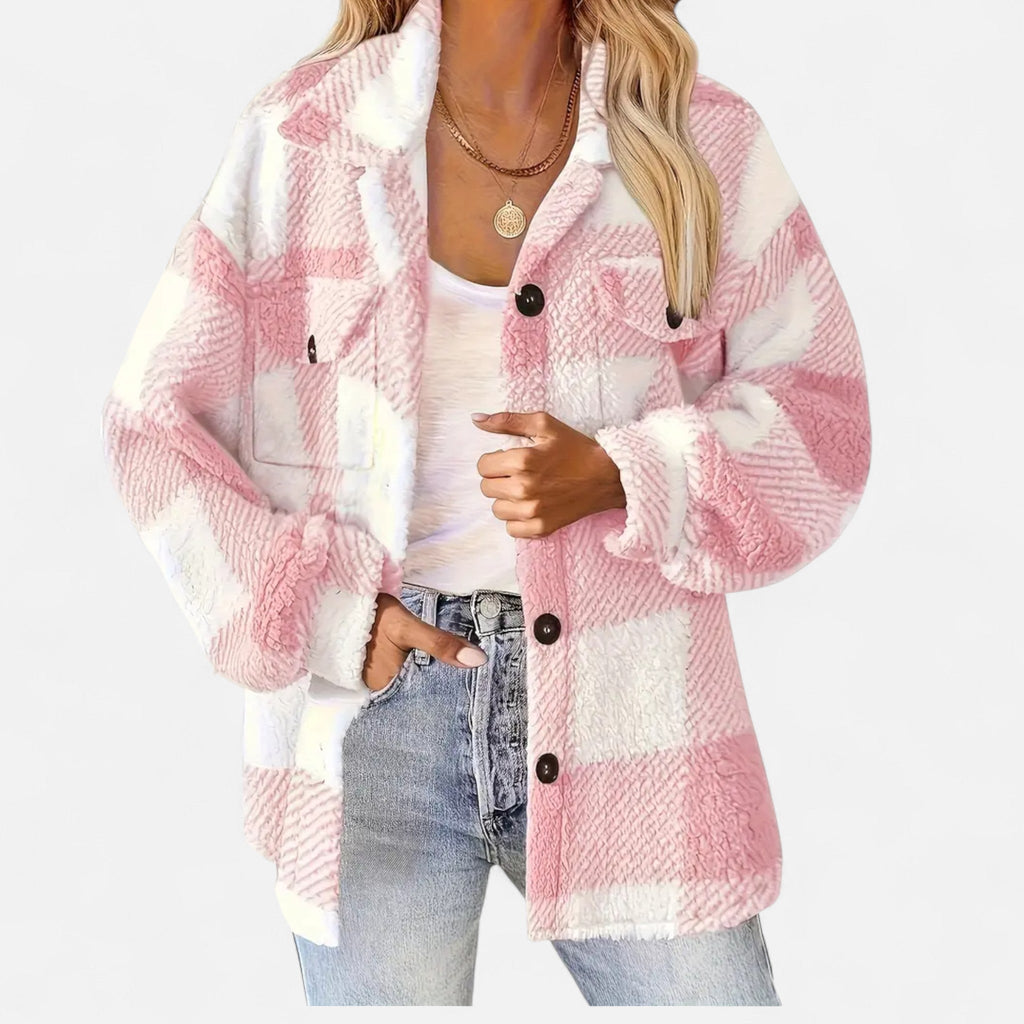 Piper Check Print Sherpa Jacket with Button Front in Pink