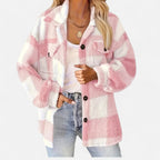 Piper Check Print Sherpa Jacket with Button Front in Pink