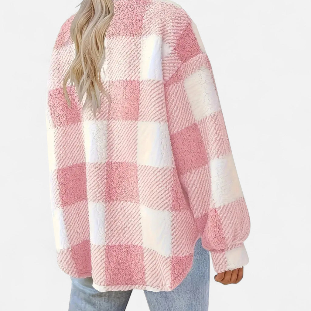 Piper Check Print Sherpa Jacket with Button Front in Pink