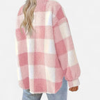Piper Check Print Sherpa Jacket with Button Front in Pink