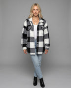 Piper Check Print Sherpa Jacket with Button Front in Black