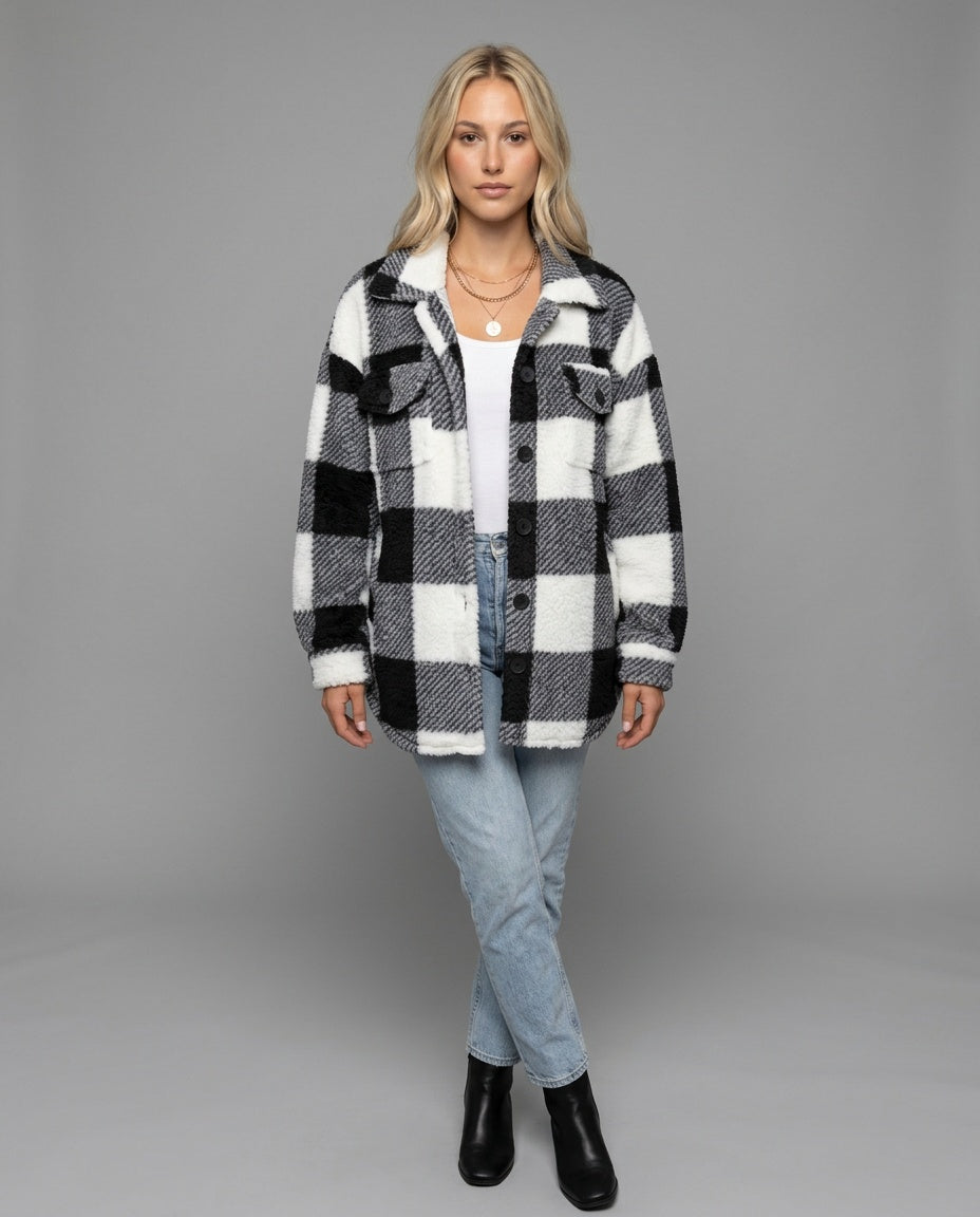 Piper Check Print Sherpa Jacket with Button Front in Black