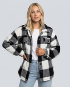 Piper Check Print Sherpa Jacket with Button Front in Black