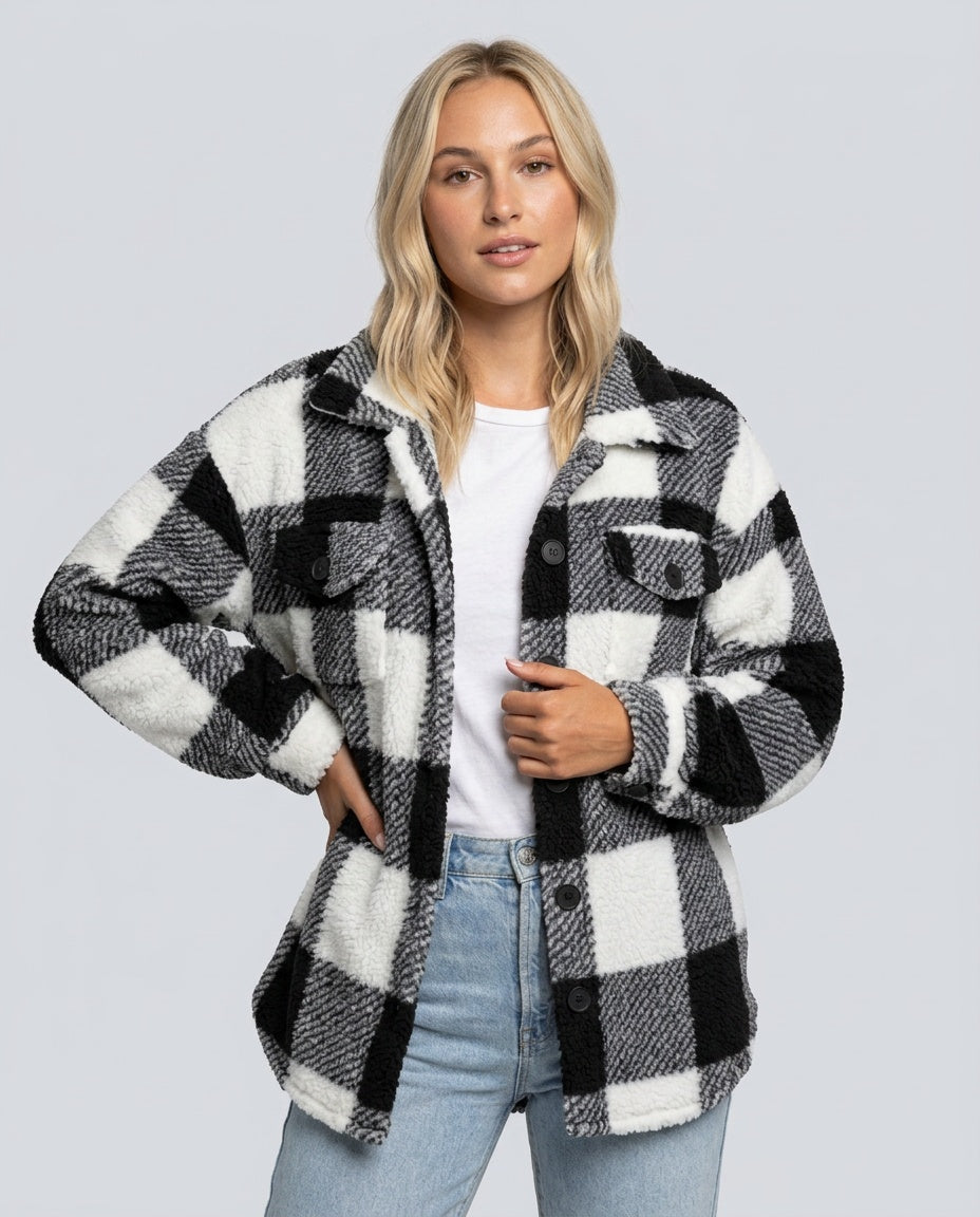 Piper Check Print Sherpa Jacket with Button Front in Black
