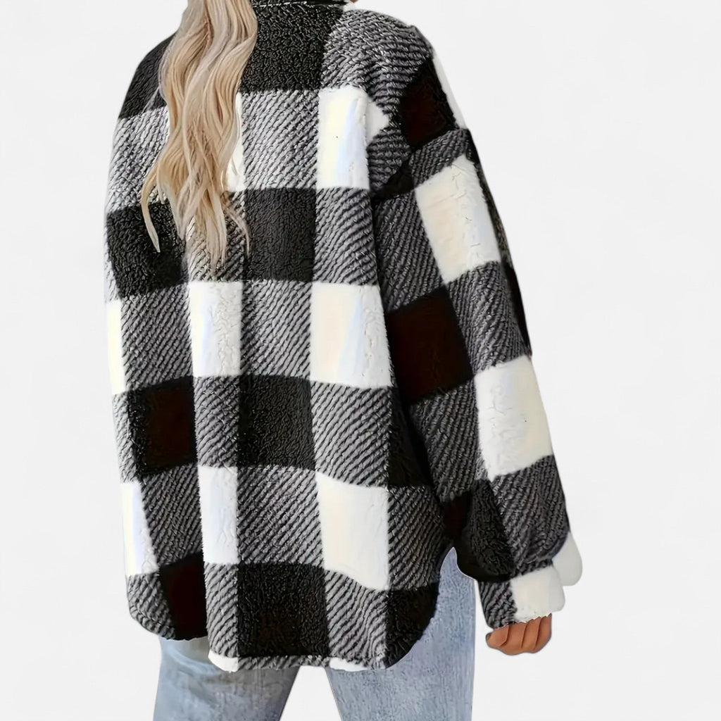 Piper Check Print Sherpa Jacket with Button Front in Black