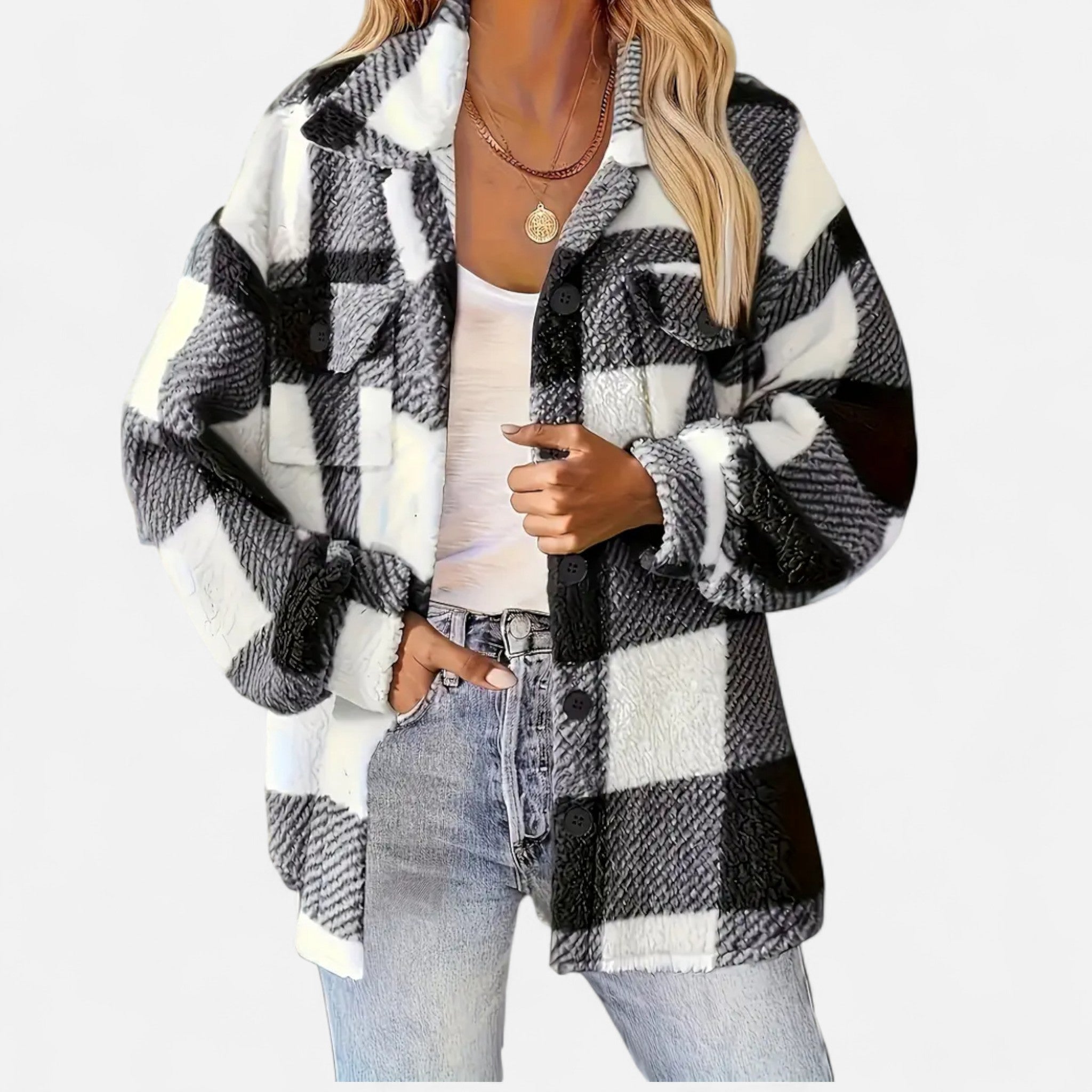 Piper Check Print Sherpa Jacket with Button Front in Black