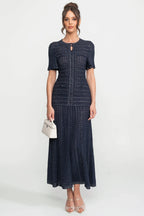 Priya Short Sleeve Shimmer Knit Midi Dress in Navy in Navy