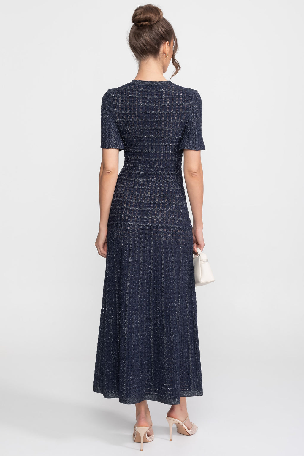 Priya Short Sleeve Shimmer Knit Midi Dress in Navy in Navy