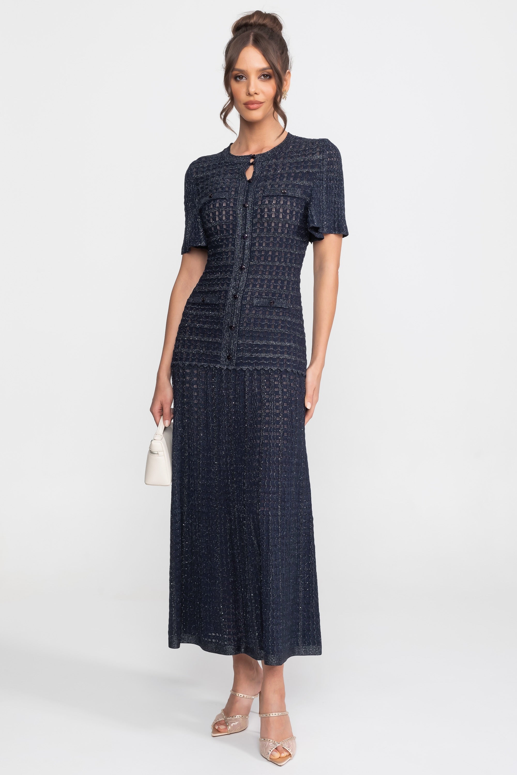Priya Short Sleeve Shimmer Knit Midi Dress in Navy in Navy