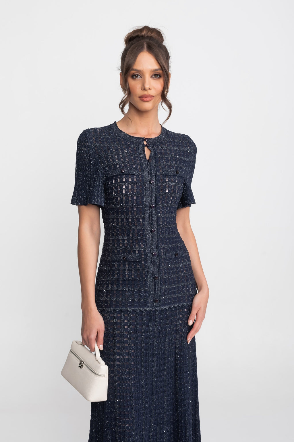 Priya Short Sleeve Shimmer Knit Midi Dress in Navy in Navy