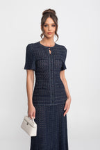 Priya Short Sleeve Shimmer Knit Midi Dress in Navy in Navy