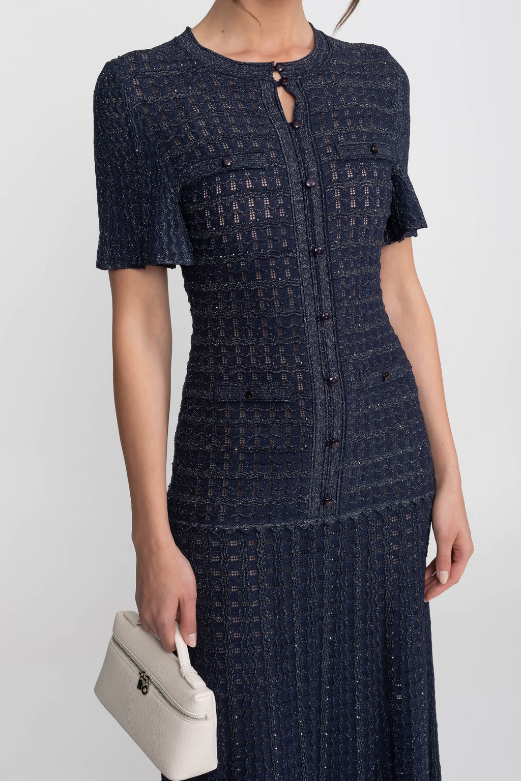 Priya Short Sleeve Shimmer Knit Midi Dress in Navy in Navy