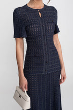 Priya Short Sleeve Shimmer Knit Midi Dress in Navy in Navy