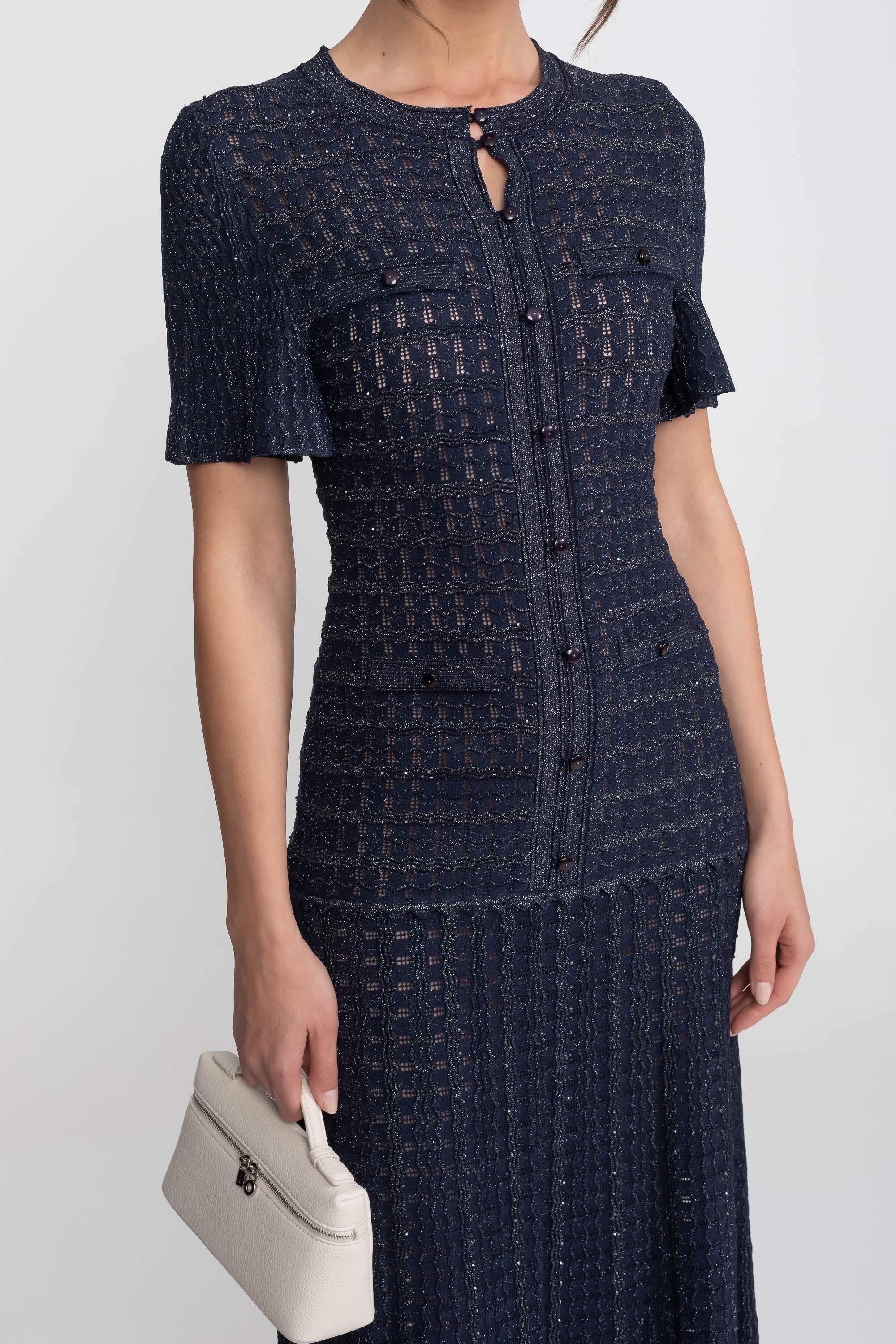 Priya Short Sleeve Shimmer Knit Midi Dress in Navy in Navy