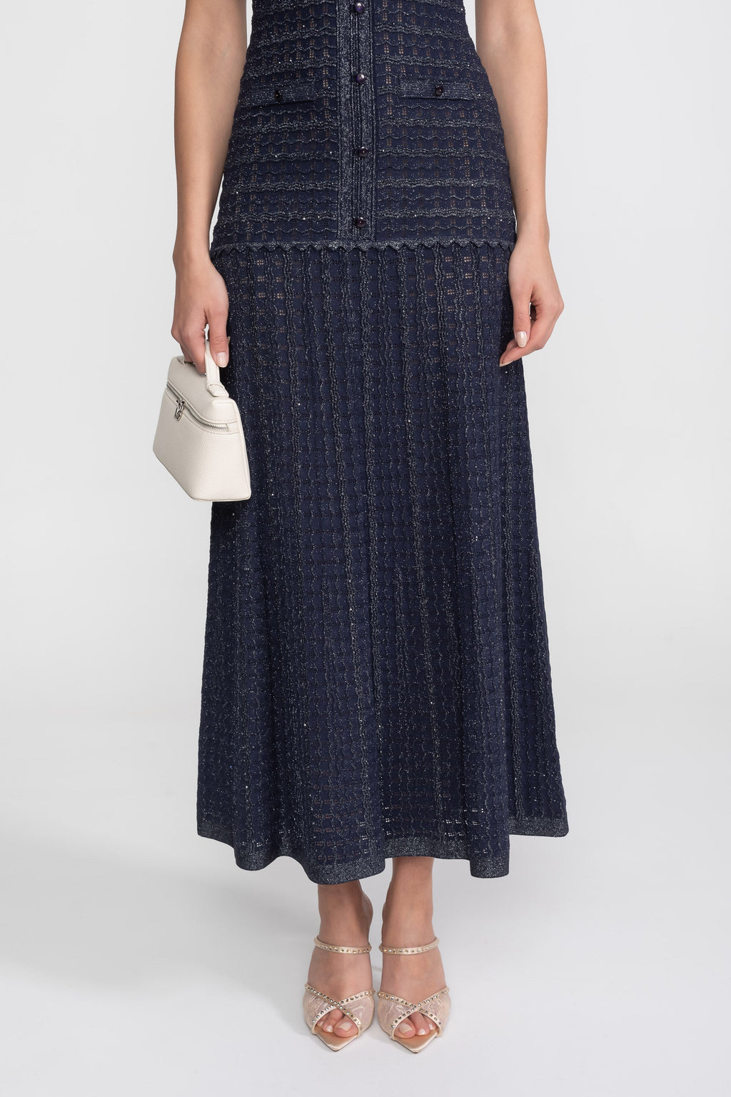 Priya Short Sleeve Shimmer Knit Midi Dress in Navy in Navy