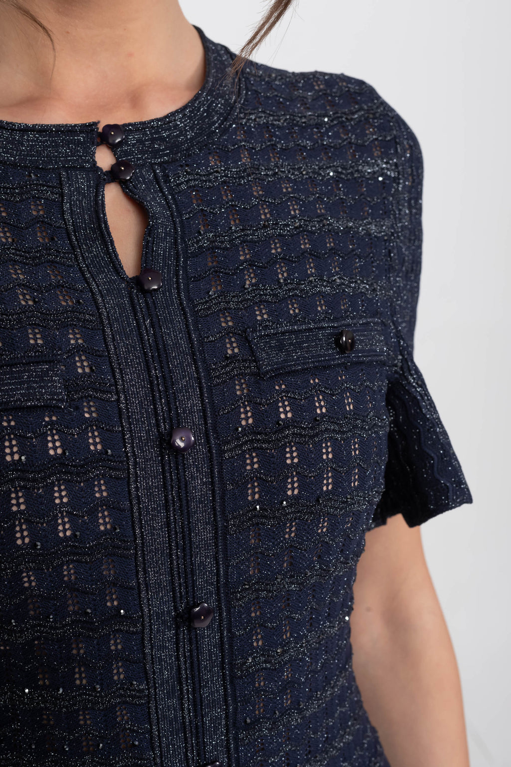 Priya Short Sleeve Shimmer Knit Midi Dress in Navy in Navy