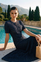 Priya Short Sleeve Shimmer Knit Midi Dress in Navy in Navy