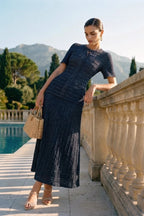 Priya Short Sleeve Shimmer Knit Midi Dress in Navy in Navy