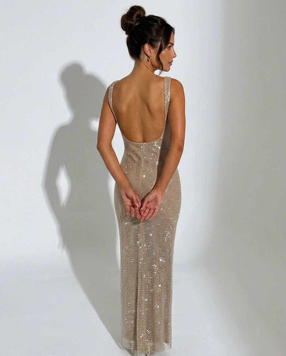 Quinn All Over Sequin Sleeveless Column Maxi Dress in Silver
