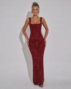 Quinn All Over Sequin Sleeveless Column Maxi Dress in Wine Red
