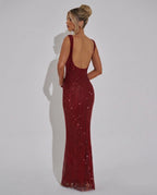 Quinn All Over Sequin Sleeveless Column Maxi Dress in Wine Red