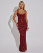 Quinn All Over Sequin Sleeveless Column Maxi Dress in Wine Red