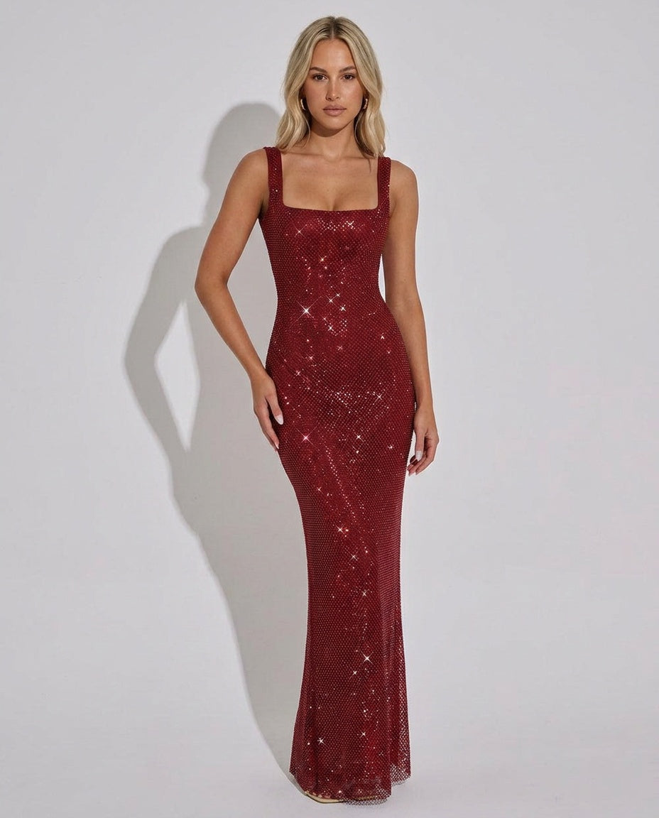 Quinn All Over Sequin Sleeveless Column Maxi Dress in Wine Red