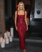 Quinn All Over Sequin Sleeveless Column Maxi Dress in Wine Red