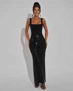 Quinn All Over Sequin Sleeveless Column Maxi Dress in Black