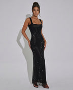 Quinn All Over Sequin Sleeveless Column Maxi Dress in Black