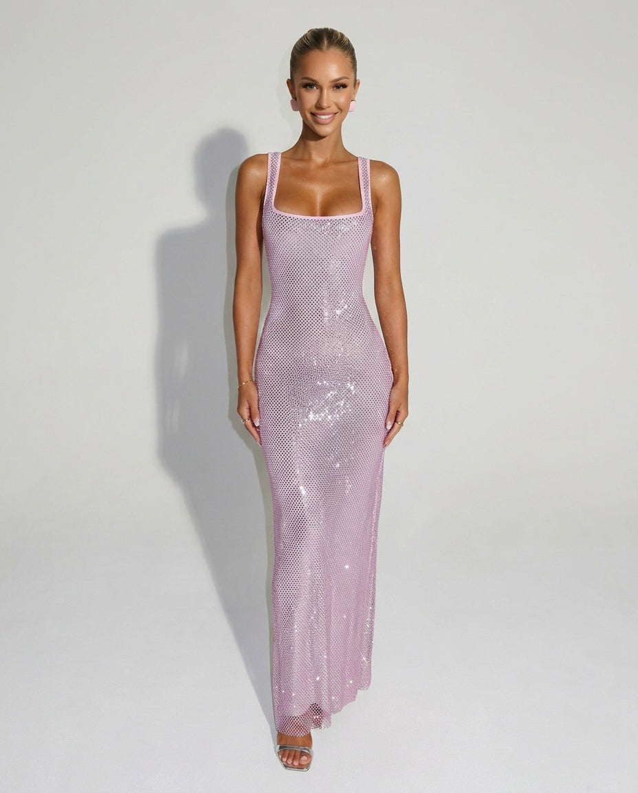 Quinn All Over Sequin Sleeveless Column Maxi Dress in Pink