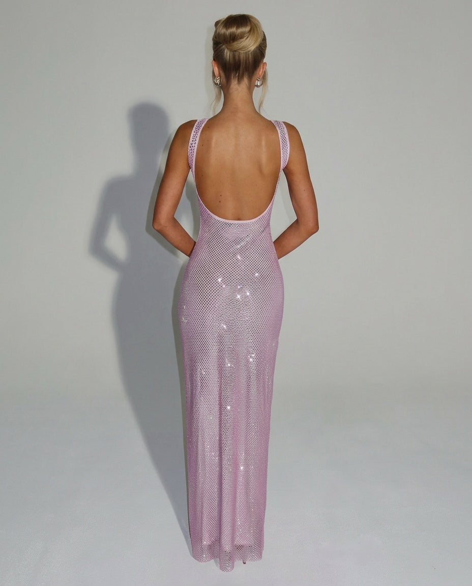 Quinn All Over Sequin Sleeveless Column Maxi Dress in Pink