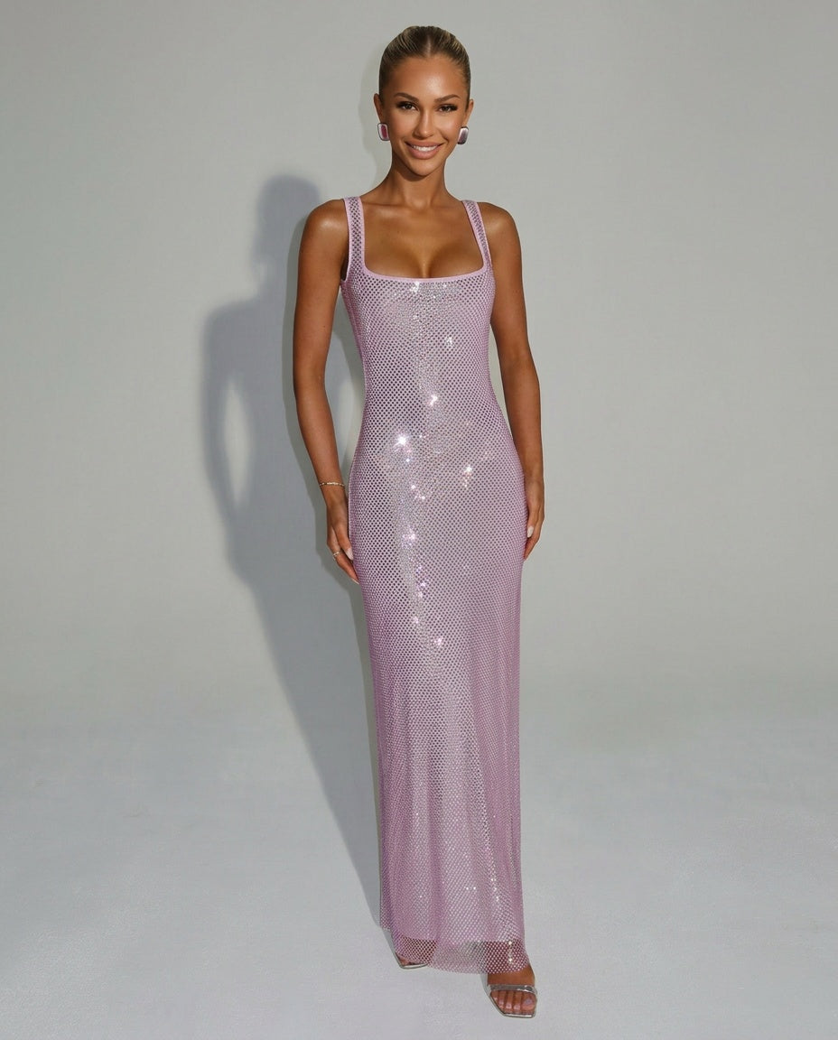Quinn All Over Sequin Sleeveless Column Maxi Dress in Pink