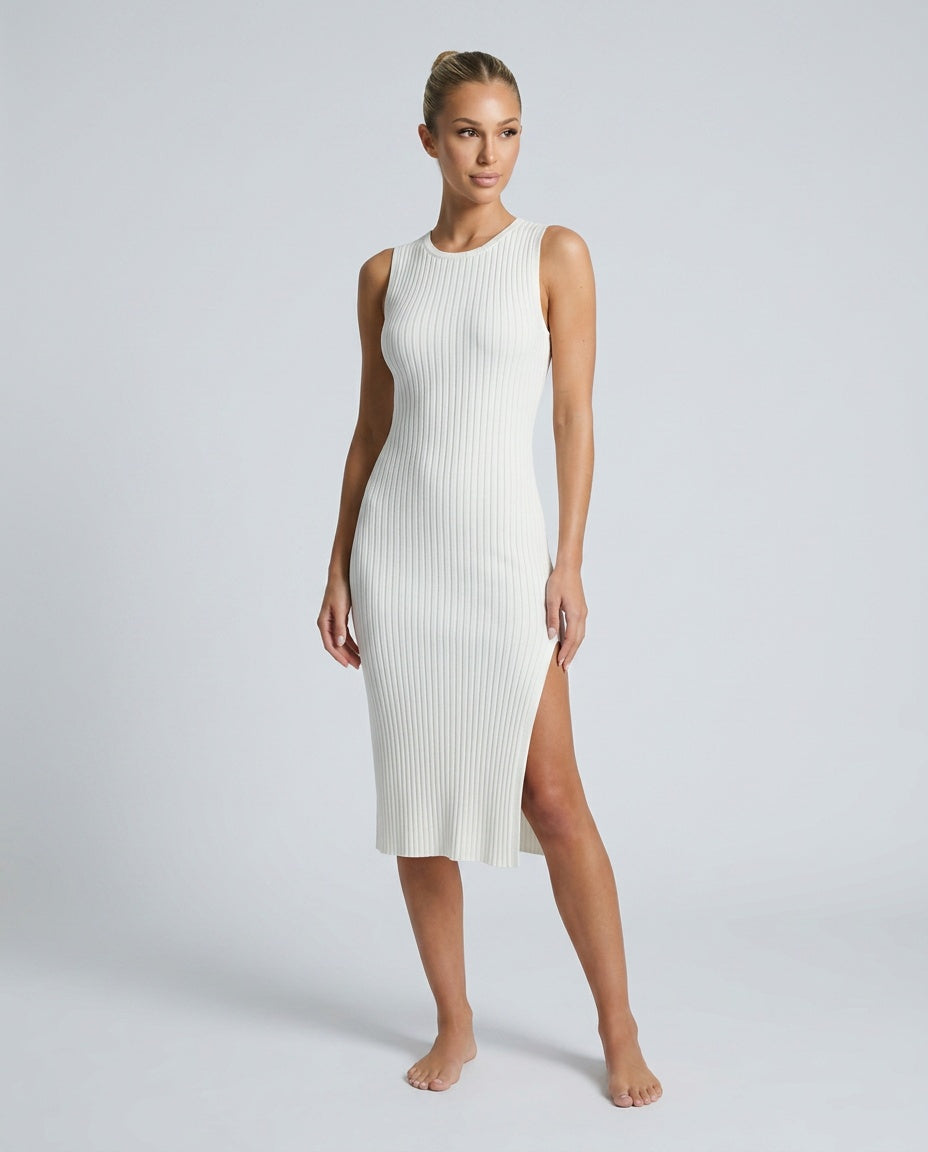Raina Ribbed Knit Fitted Midi Dress with Sleeveless Cut in White
