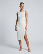 Raina Ribbed Knit Fitted Midi Dress with Sleeveless Cut in White