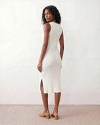 Raina Ribbed Knit Fitted Midi Dress with Sleeveless Cut in White