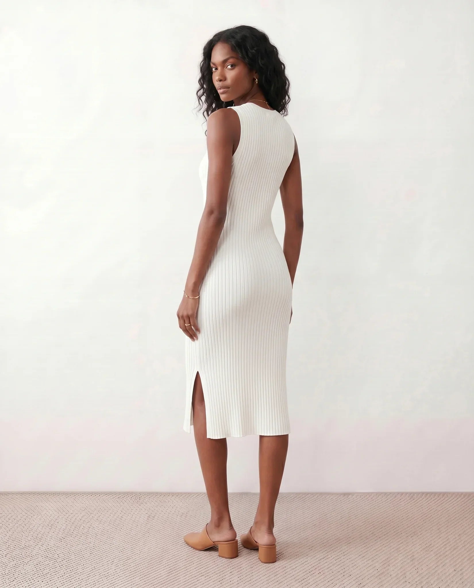 Raina Ribbed Knit Fitted Midi Dress with Sleeveless Cut in White