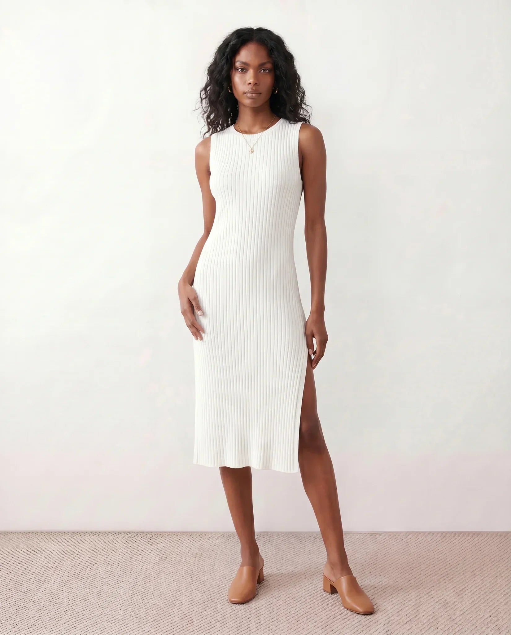 Raina Ribbed Knit Fitted Midi Dress with Sleeveless Cut in White