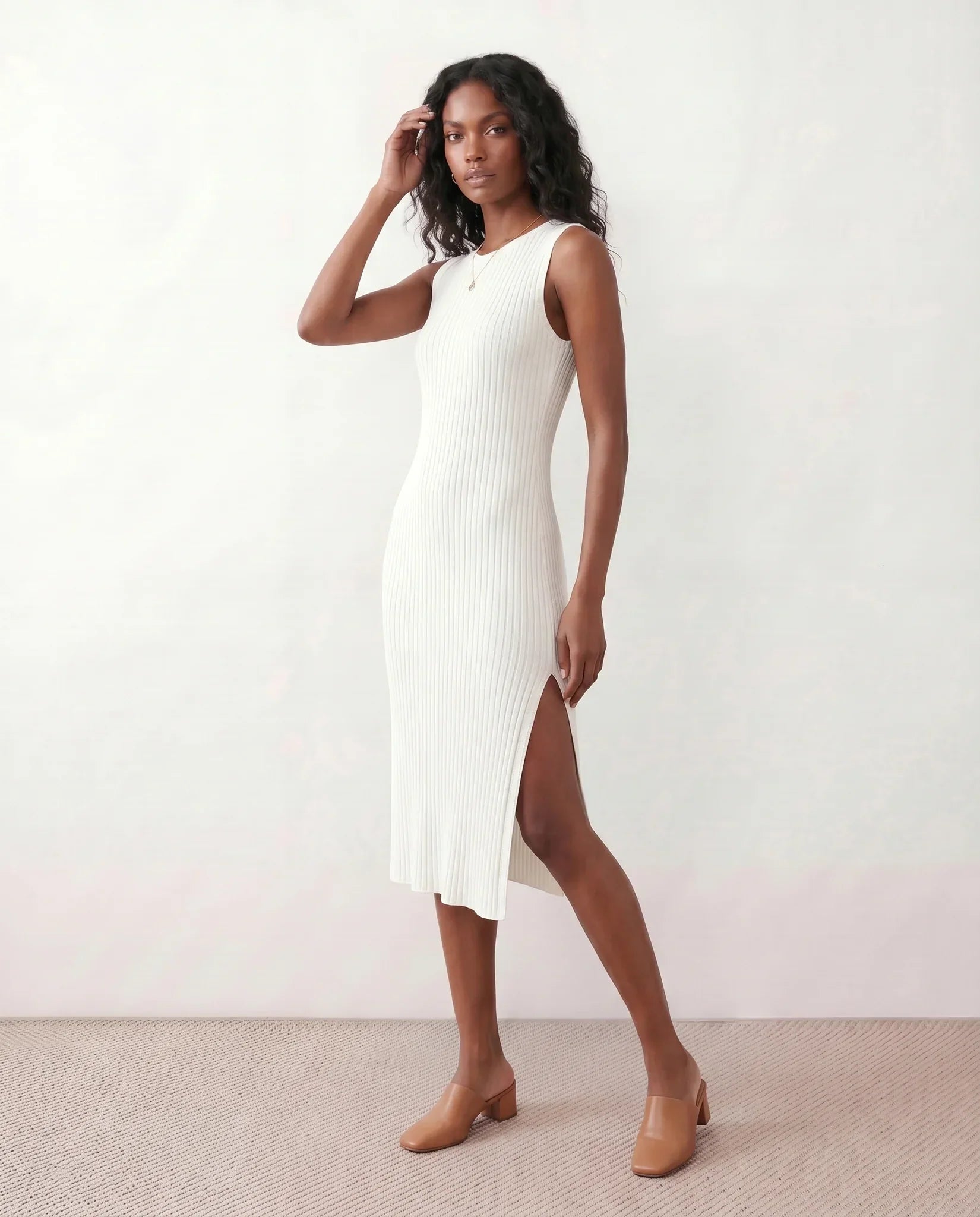 Raina Ribbed Knit Fitted Midi Dress with Sleeveless Cut in White