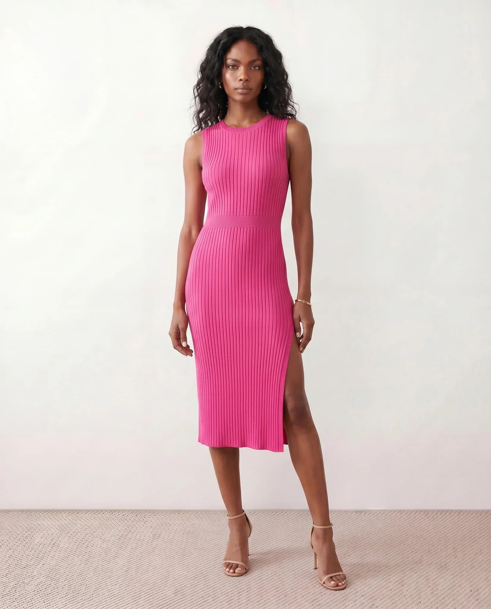 Raina Ribbed Knit Fitted Midi Dress with Sleeveless Cut in Pink
