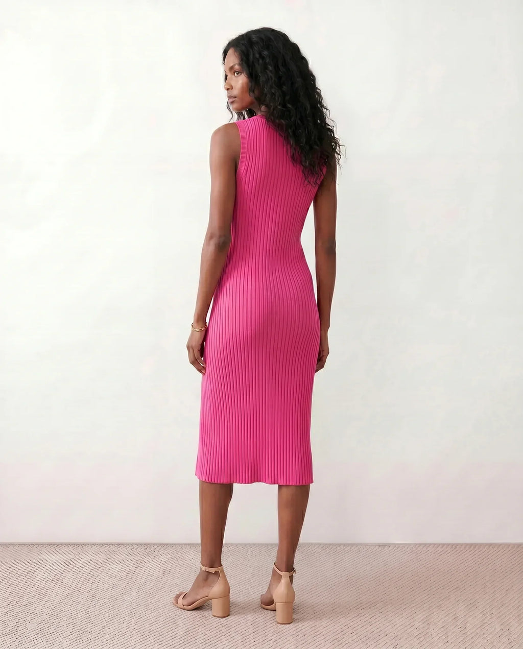 Raina Ribbed Knit Fitted Midi Dress with Sleeveless Cut in Pink