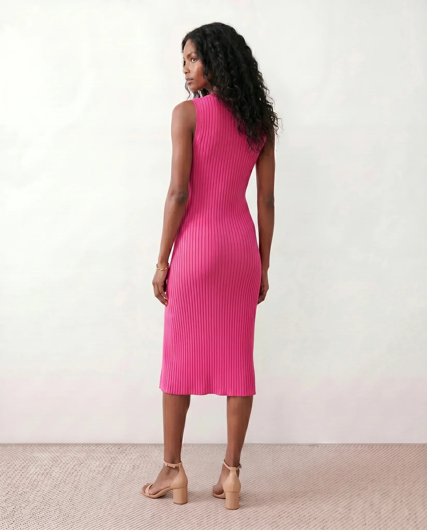 Raina Ribbed Knit Fitted Midi Dress with Sleeveless Cut in Pink