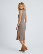 Raina Ribbed Knit Fitted Midi Dress with Sleeveless Cut in Brown