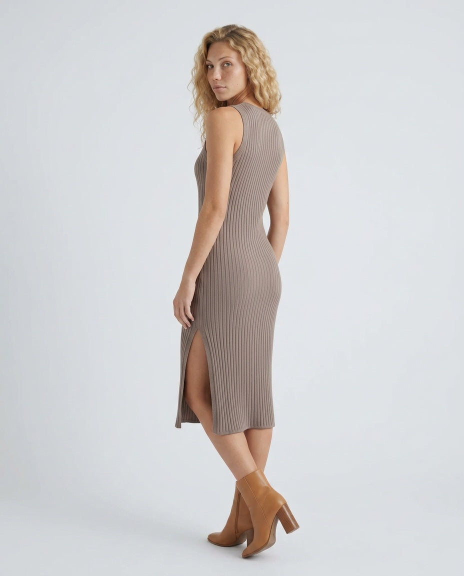 Raina Ribbed Knit Fitted Midi Dress with Sleeveless Cut in Brown