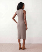 Raina Ribbed Knit Fitted Midi Dress with Sleeveless Cut in Brown