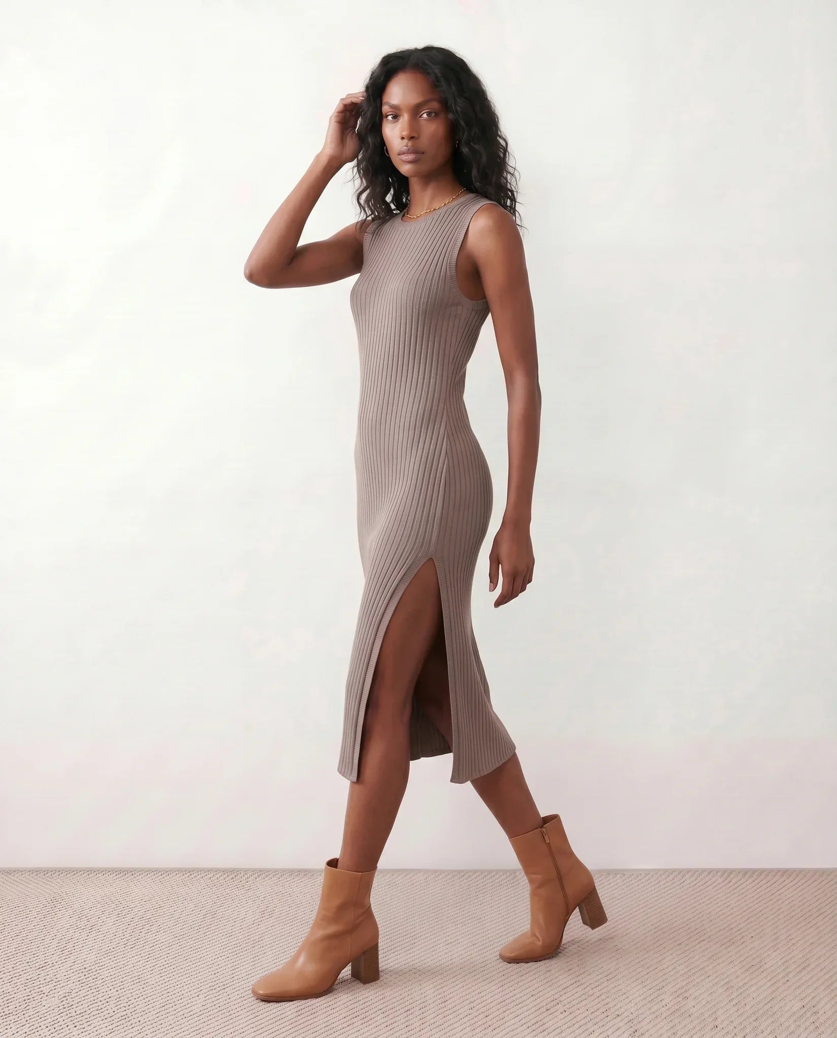 Raina Ribbed Knit Fitted Midi Dress with Sleeveless Cut in Brown