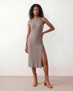 Raina Ribbed Knit Fitted Midi Dress with Sleeveless Cut in Brown