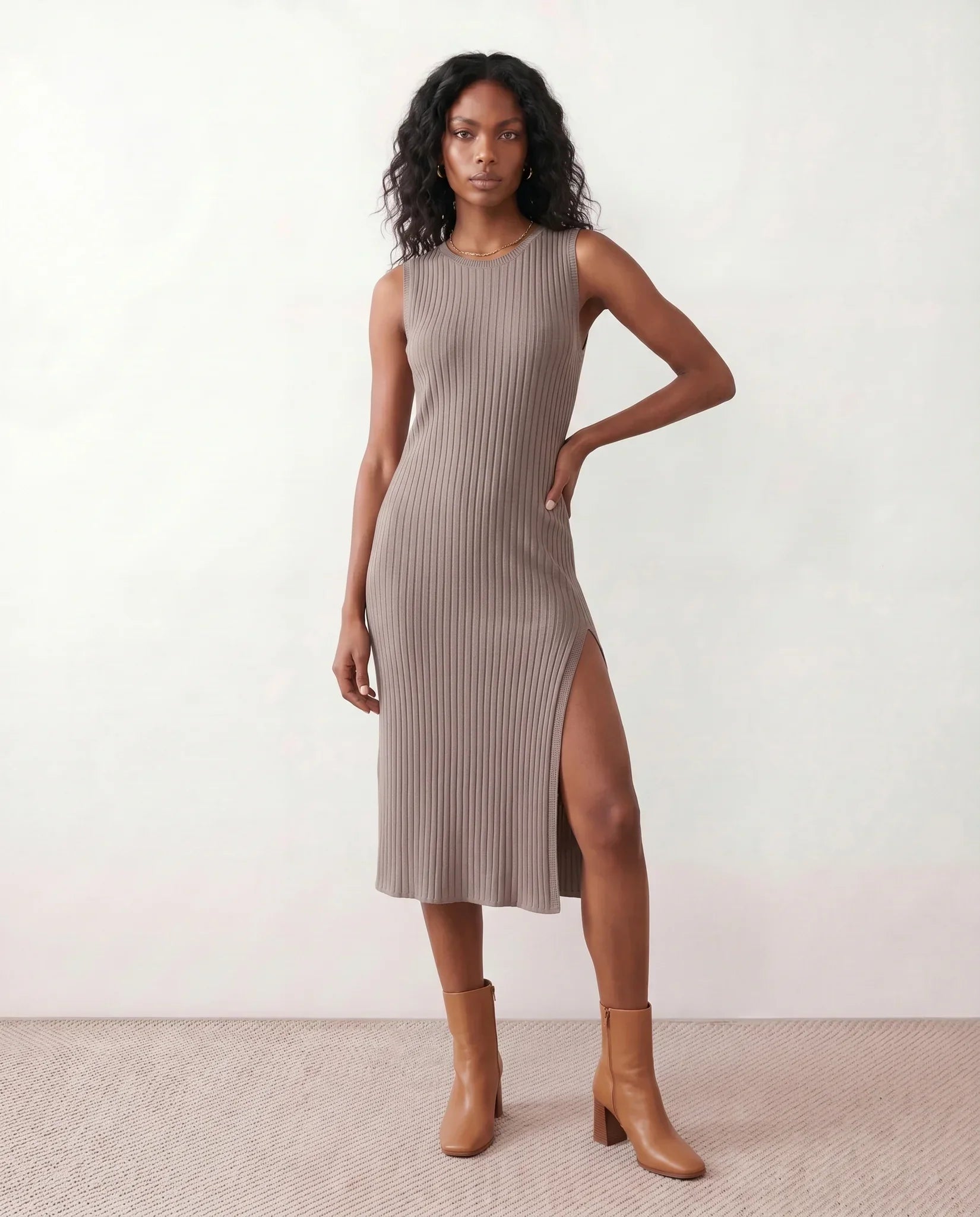 Raina Ribbed Knit Fitted Midi Dress with Sleeveless Cut in Brown